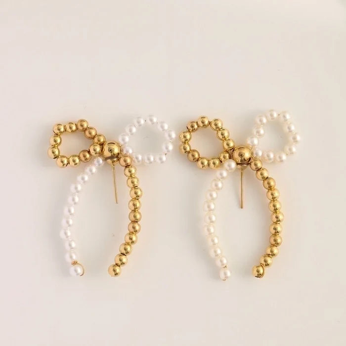 Bow Knot Beaded Plating Artificial Pearl Alloy Ear Studs