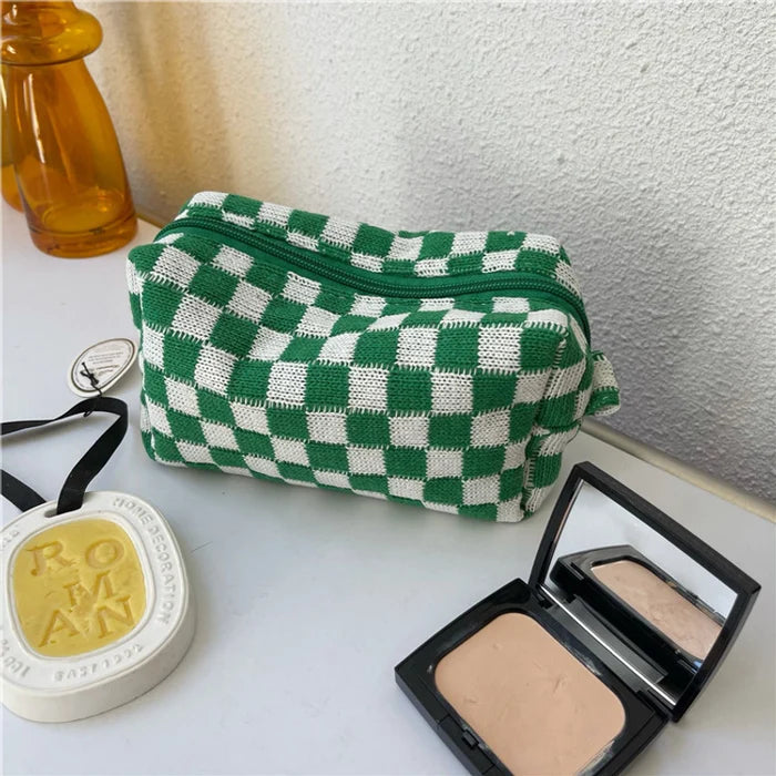 Knit Plaid Classic Style Square Zipper Cosmetic Bag