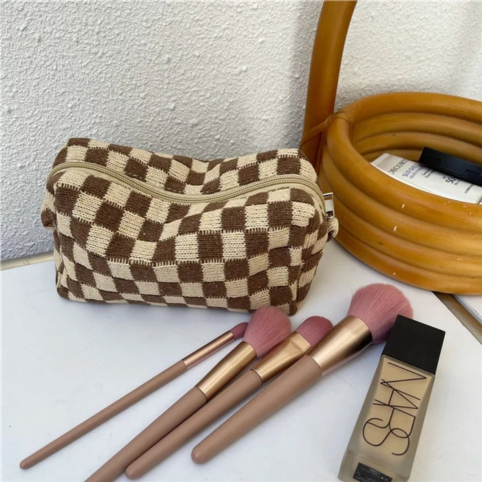 Knit Plaid Classic Style Square Zipper Cosmetic Bag