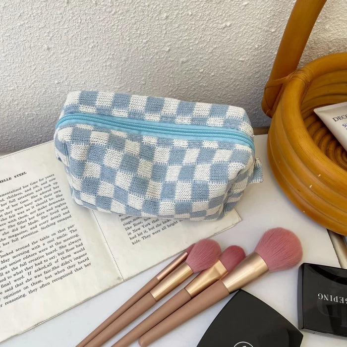 Knit Plaid Classic Style Square Zipper Cosmetic Bag