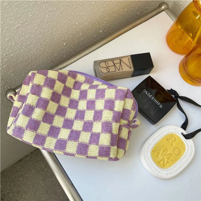 Knit Plaid Classic Style Square Zipper Cosmetic Bag