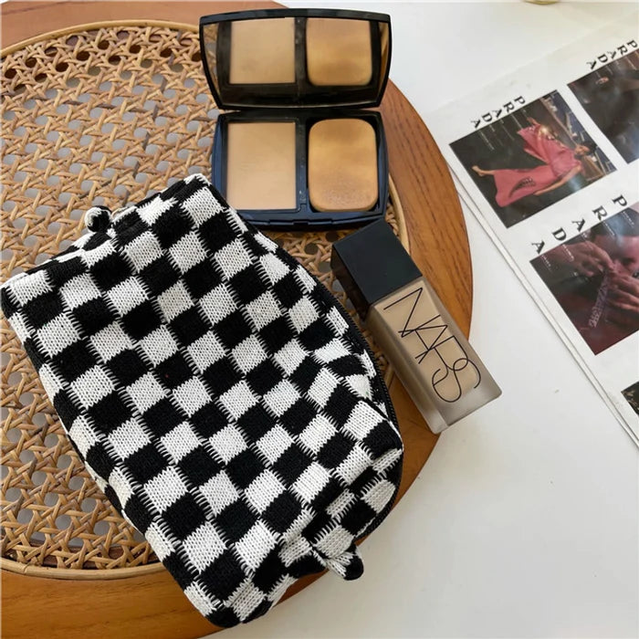 Knit Plaid Classic Style Square Zipper Cosmetic Bag