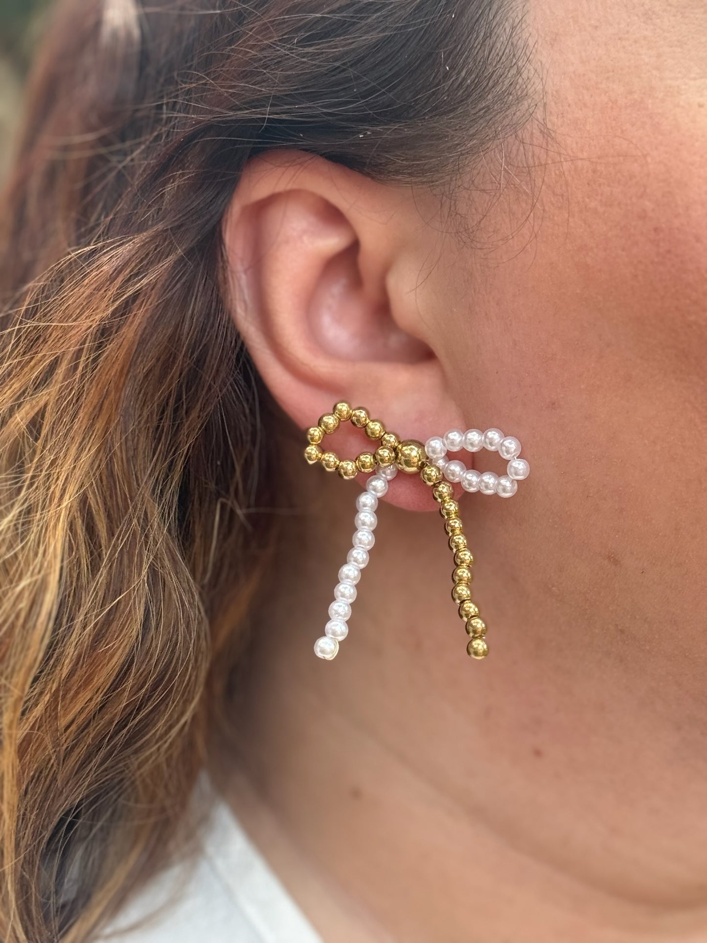 Bow Knot Beaded Plating Artificial Pearl Alloy Ear Studs