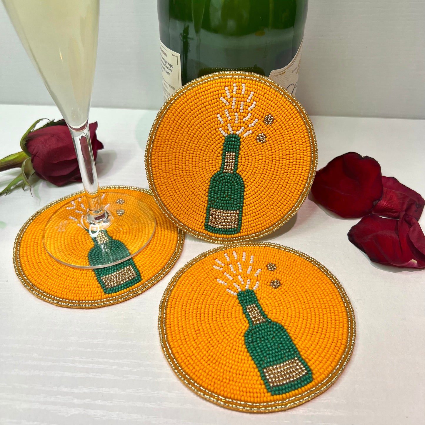 Pop the Champagne Bottle Beaded Coaster