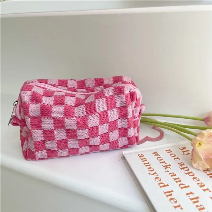 Knit Plaid Classic Style Square Zipper Cosmetic Bag