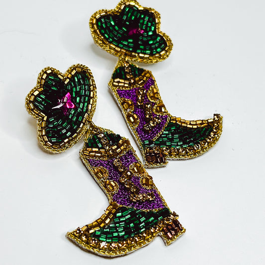 Luxe Mardi Gras Cowgirl Boot Earrings