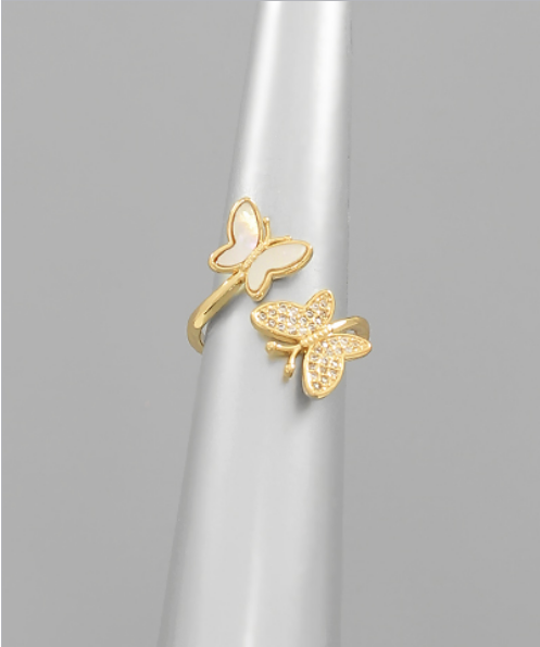 Pave & Pearl 2 Butterfly Ring