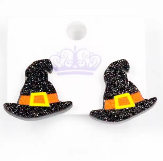 Halloween Black Witch Hat Acrylic Stud Earrings